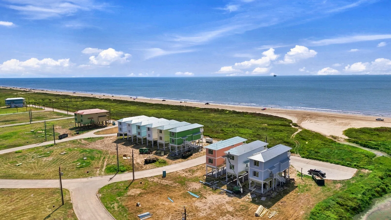 Aerial view of Beach Bungalows construction along the beach on the Bolivar Peninsula Aerial view of Beach Bungalows construction along the beach on the Bolivar Peninsula