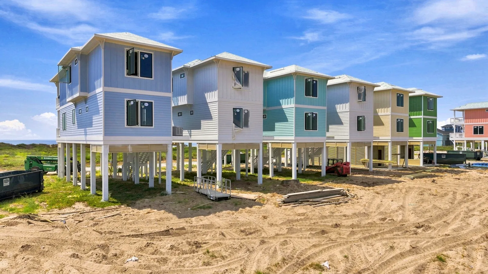Row of Beach Bungalows under construction on the Gulf side of Camp Margaritaville Resort in Crystal Beach