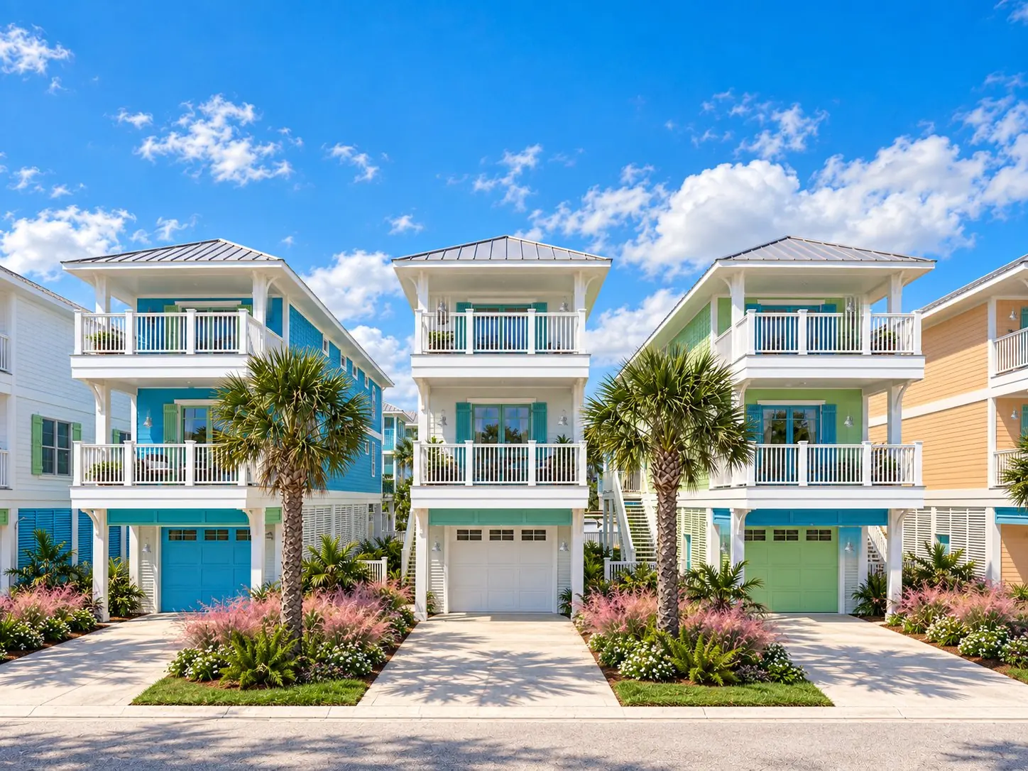 bb-ext-three Rendering of three Beach Bungalows with coastal colors